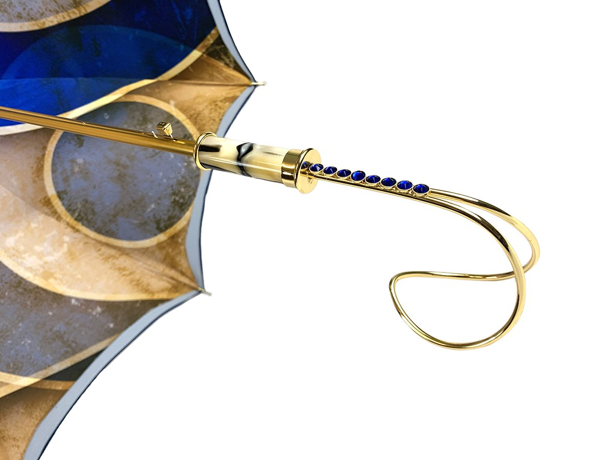 Handcrafted Luxury Umbrella – Italian Satin Double Canopy Rain Umbrella with Blue Swarovski Crystals