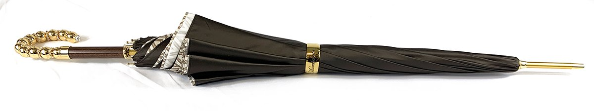 Double Cloth Umbrella – Brown Satin Rain Umbrella with Rhombus Pattern & Gold-Plated Handle