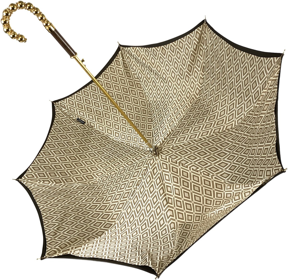 Double Cloth Umbrella – Brown Satin Rain Umbrella with Rhombus Pattern & Gold-Plated Handle
