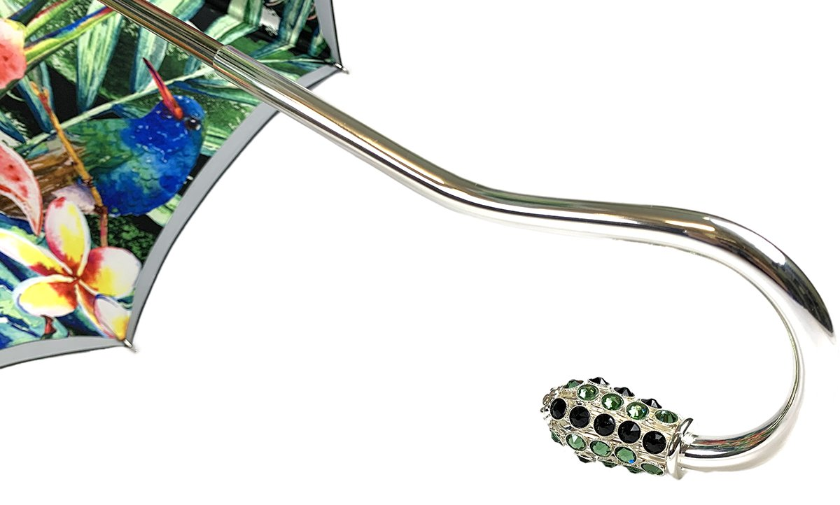 Luxury Grey Umbrella – Designer Ombre Satin Canopy with Floral Print & Swarovski Handle