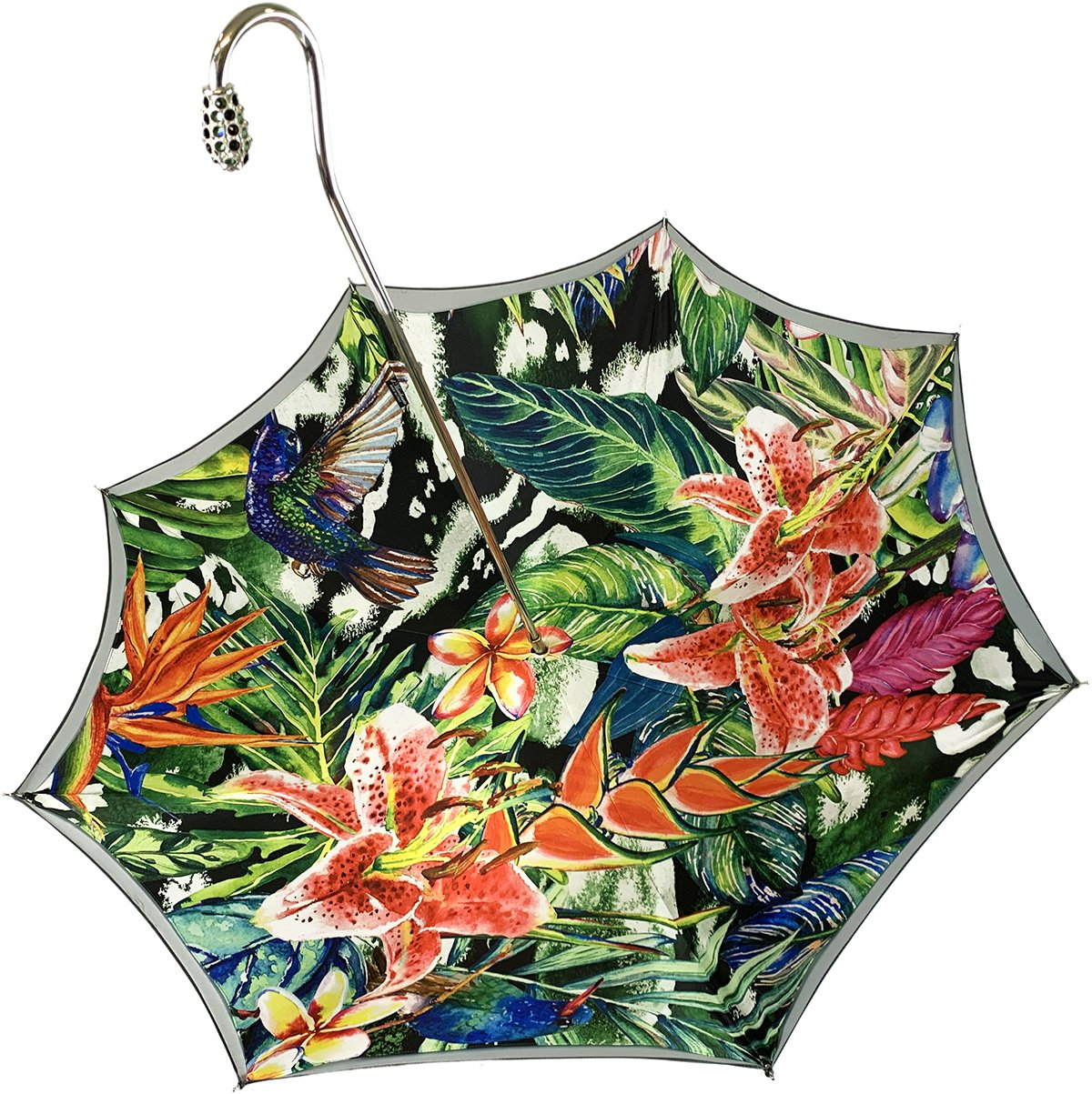 Luxury Grey Umbrella – Designer Ombre Satin Canopy with Floral Print & Swarovski Handle