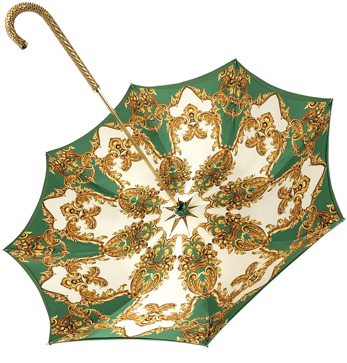 Elegant Green Umbrella – Handcrafted Italian Rain Gear with Gold Handle & UV Protection