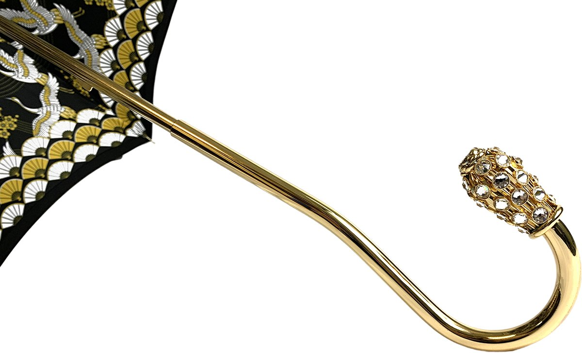 Double Cloth Umbrella – Elegant Black Satin Canopy with Herons Print Interior