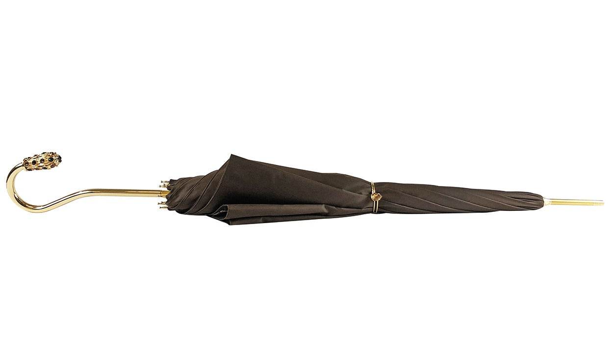 Luxury Leopard Umbrella – Handmade Swarovski Crystal Handle, Satin Canopy