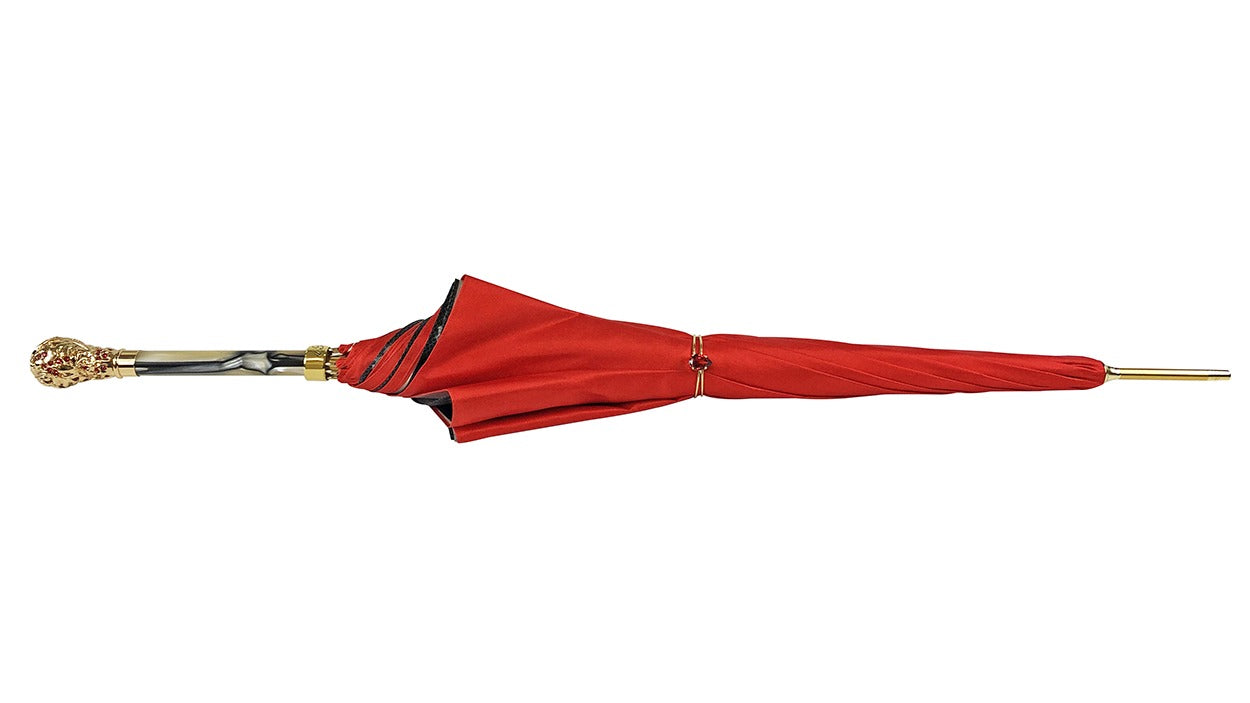 Red Satin Umbrella – Luxury Rain Umbrella with Crown Design & Swarovski Crystal Handle