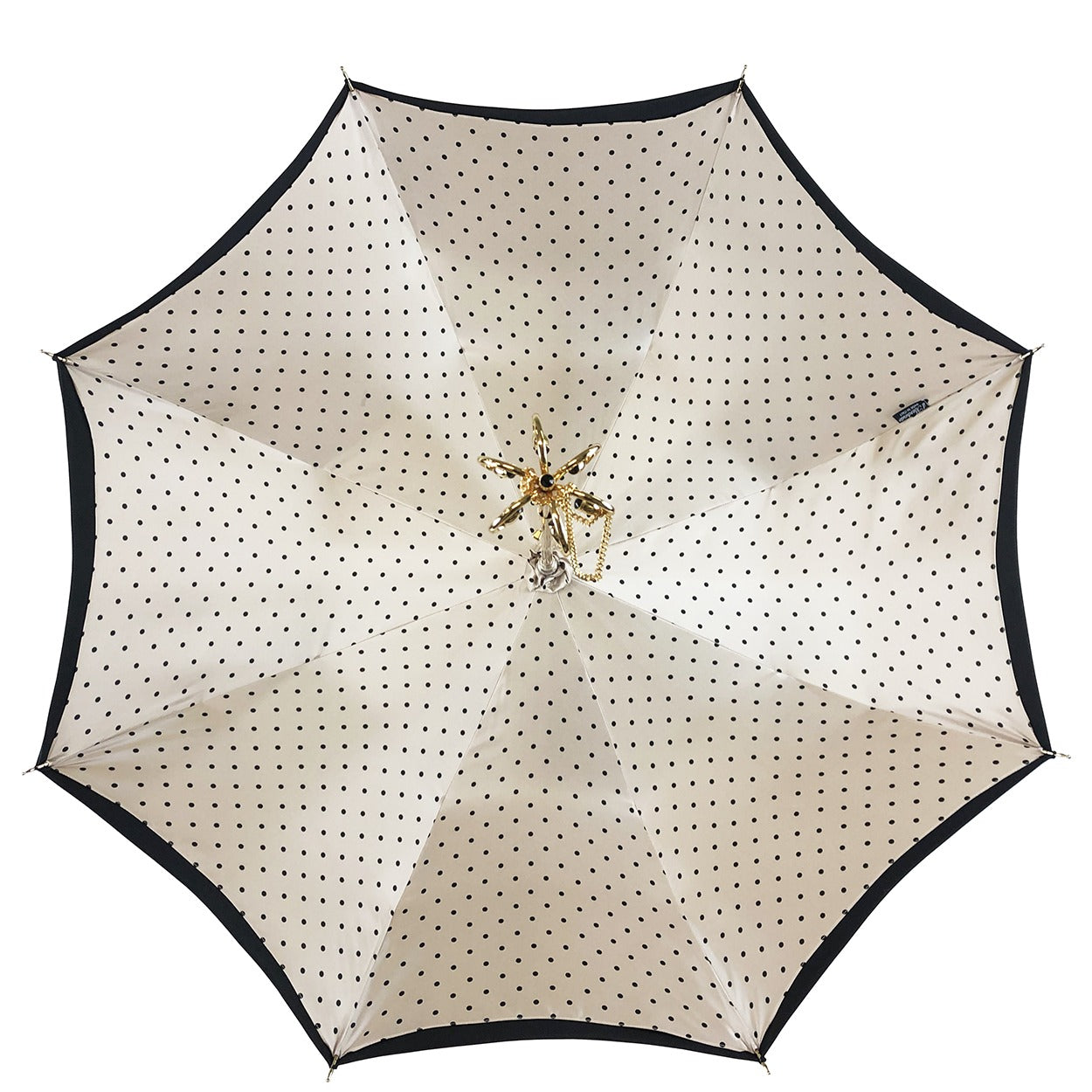 Black Cream Dot Umbrella – Italian Luxury Handmade Handle, Swarovski Crystal, 24K Gold