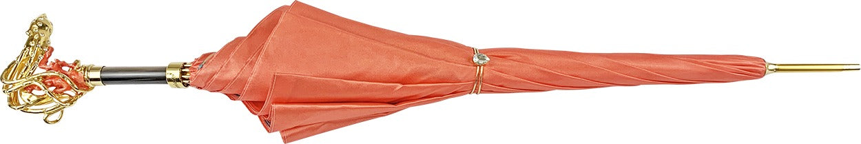 Goldplated Octopus Umbrella – Luxury Satin Coral Canopy, Swarovski Crystal, Handmade Italian