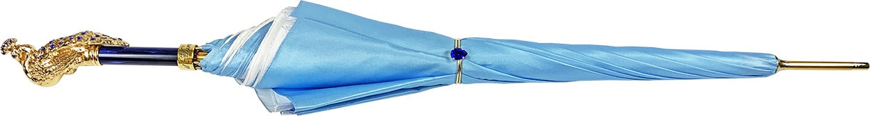 Blue Peacock Umbrella – Handmade Satin Luxury Rain Accessory With 24K Gold Handle