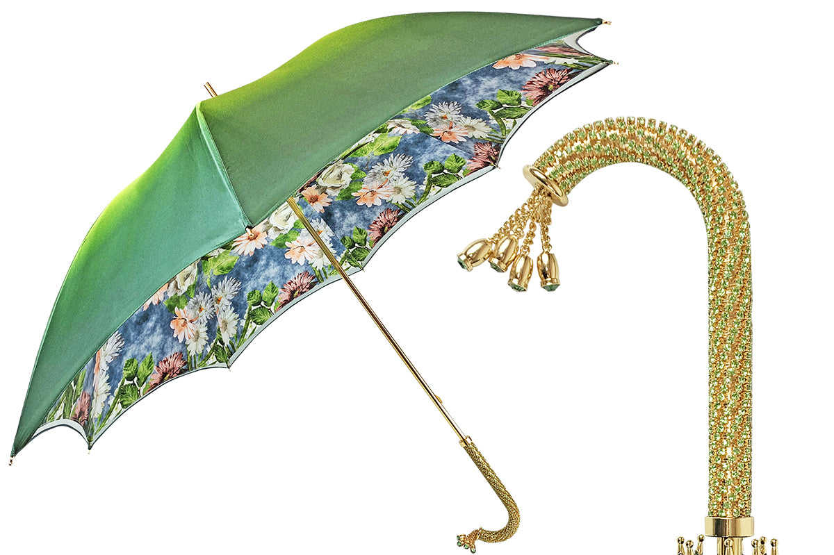 Luxury Green Umbrella – Handmade Italian Satin Fabric Rain Umbrella with Gold Plated Handle