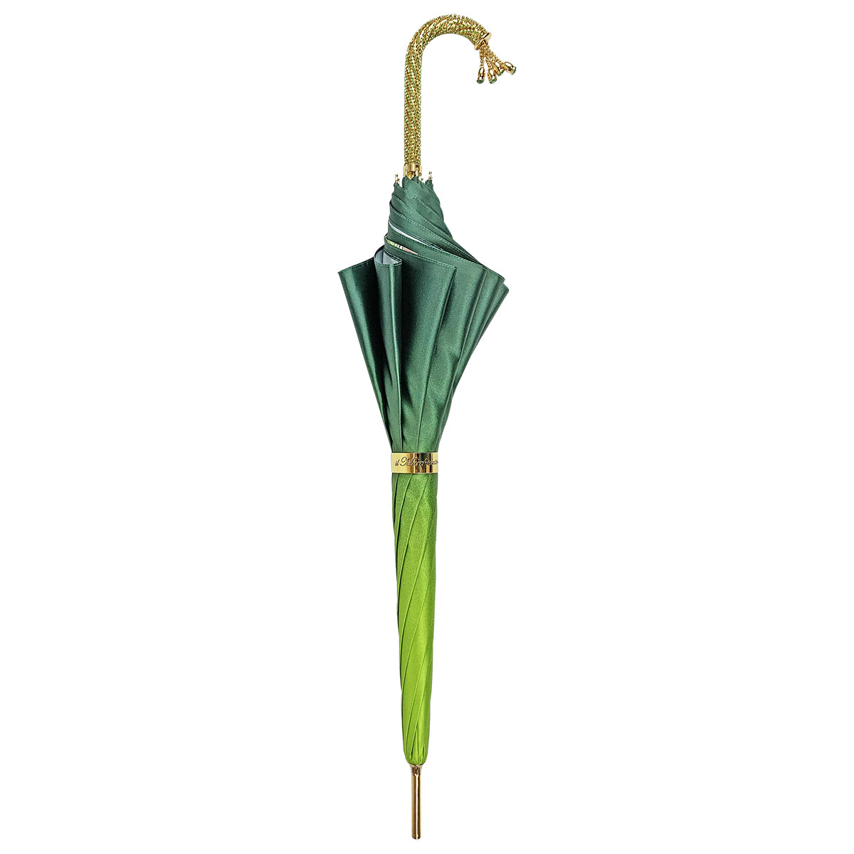 Luxury Green Umbrella – Handmade Italian Satin Fabric Rain Umbrella with Gold Plated Handle