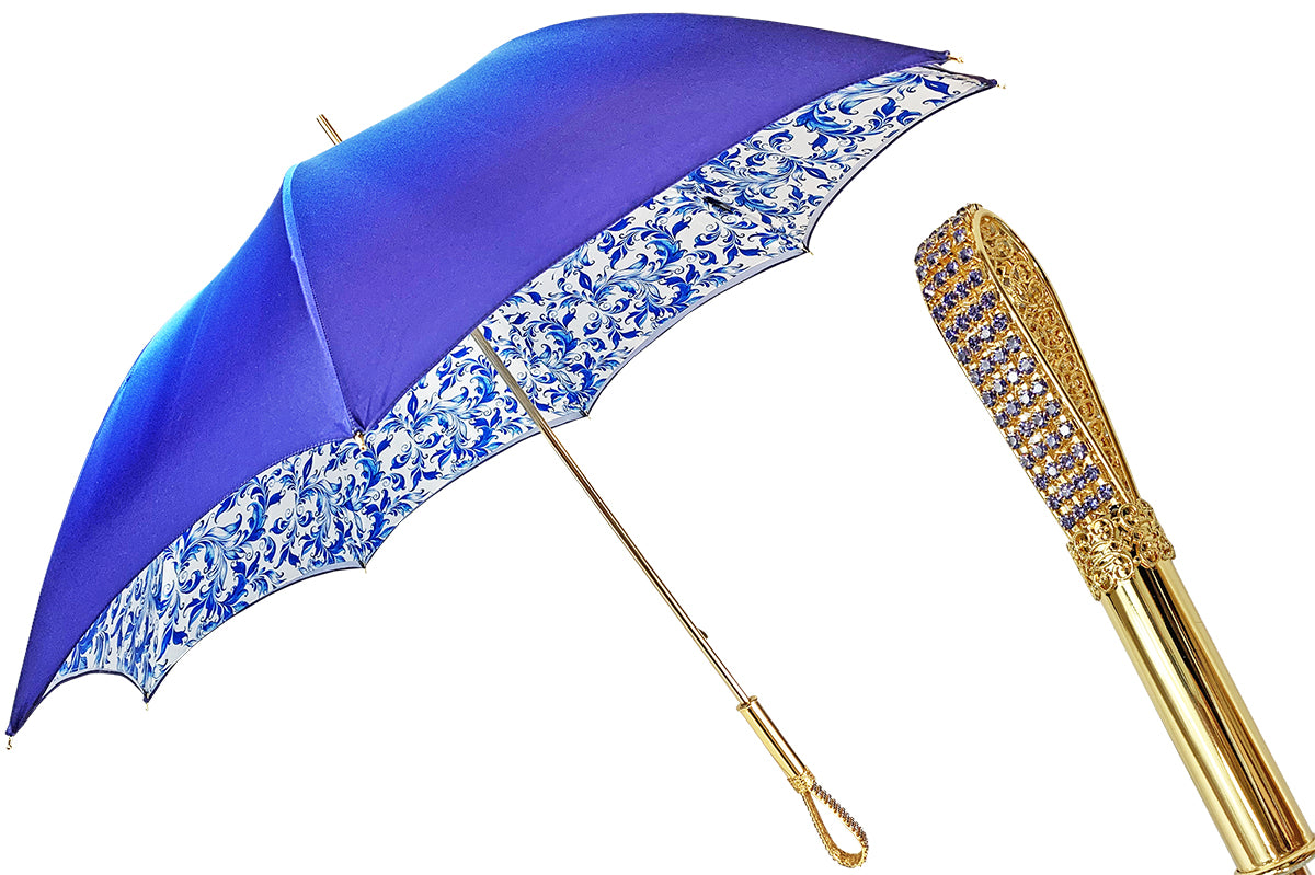 Light Blue Women's Umbrella – Handmade Italian Satin Fabric, 24K Gold Handle