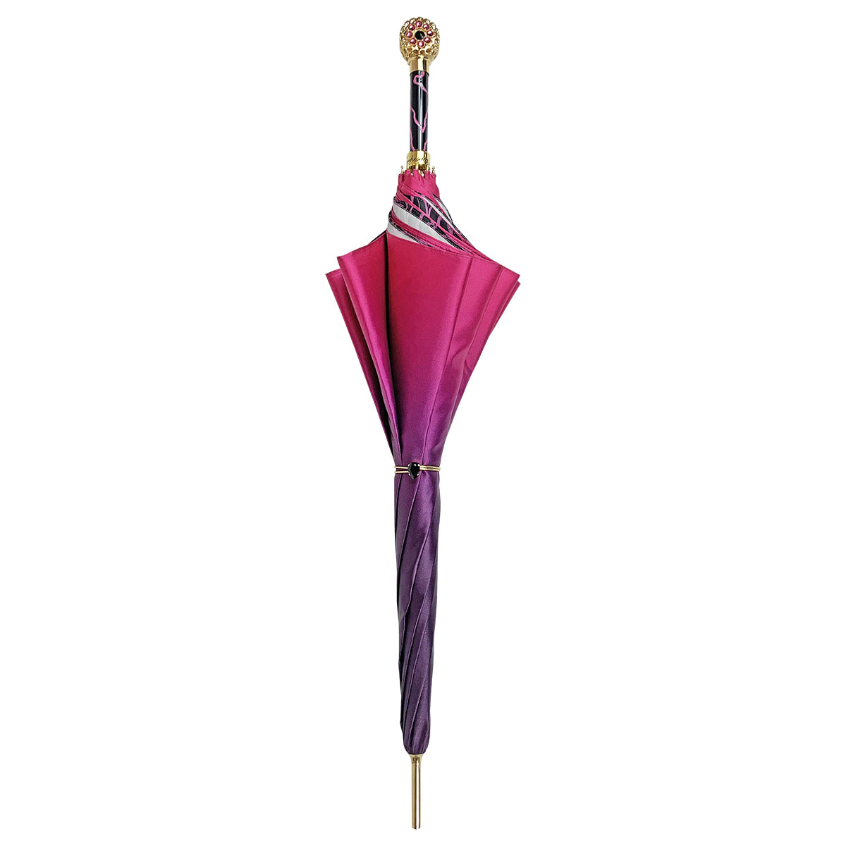 Fuchsia Designer Umbrella – Luxury Rain Umbrella with Crystal Handle & 24K Gold Accessories