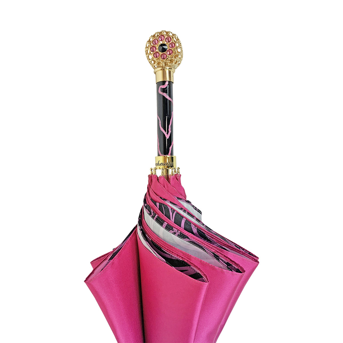 Fuchsia Designer Umbrella – Luxury Rain Umbrella with Crystal Handle & 24K Gold Accessories