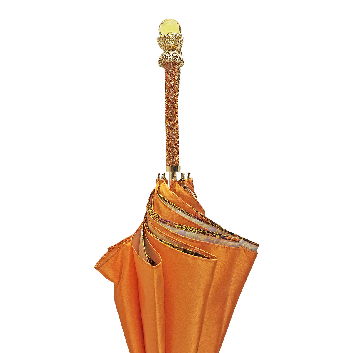 Orange Leopard Umbrella – Handmade Luxury Rain Umbrella with 24K Gold Handle