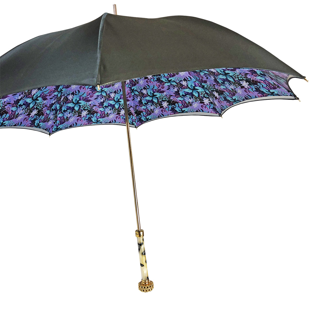 Grey Luxury Umbrella – Handmade Italy Satin Fabric Rain Gear with 24K Gold Handle