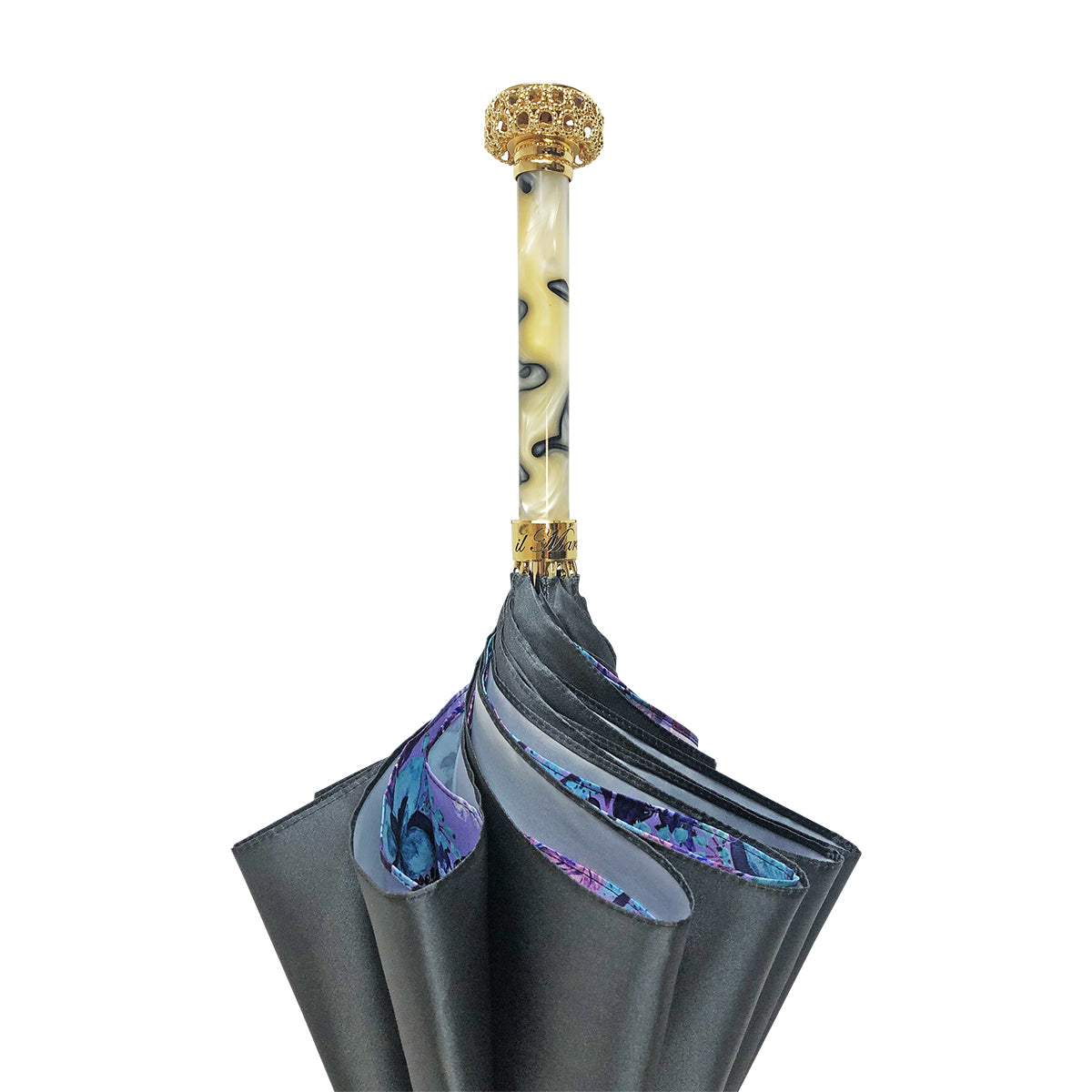 Grey Luxury Umbrella – Handmade Italy Satin Fabric Rain Gear with 24K Gold Handle