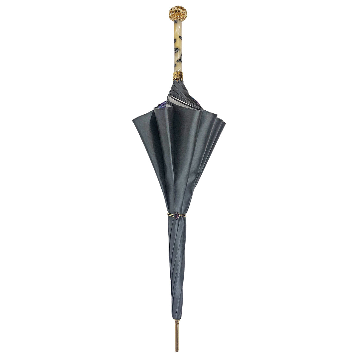 Grey Luxury Umbrella – Handmade Italy Satin Fabric Rain Gear with 24K Gold Handle