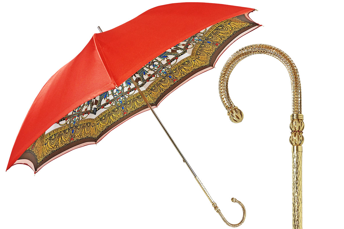 Luxury Red Umbrella – Handmade Italian Designer with 24K Gold Handle & Swarovski Crystal