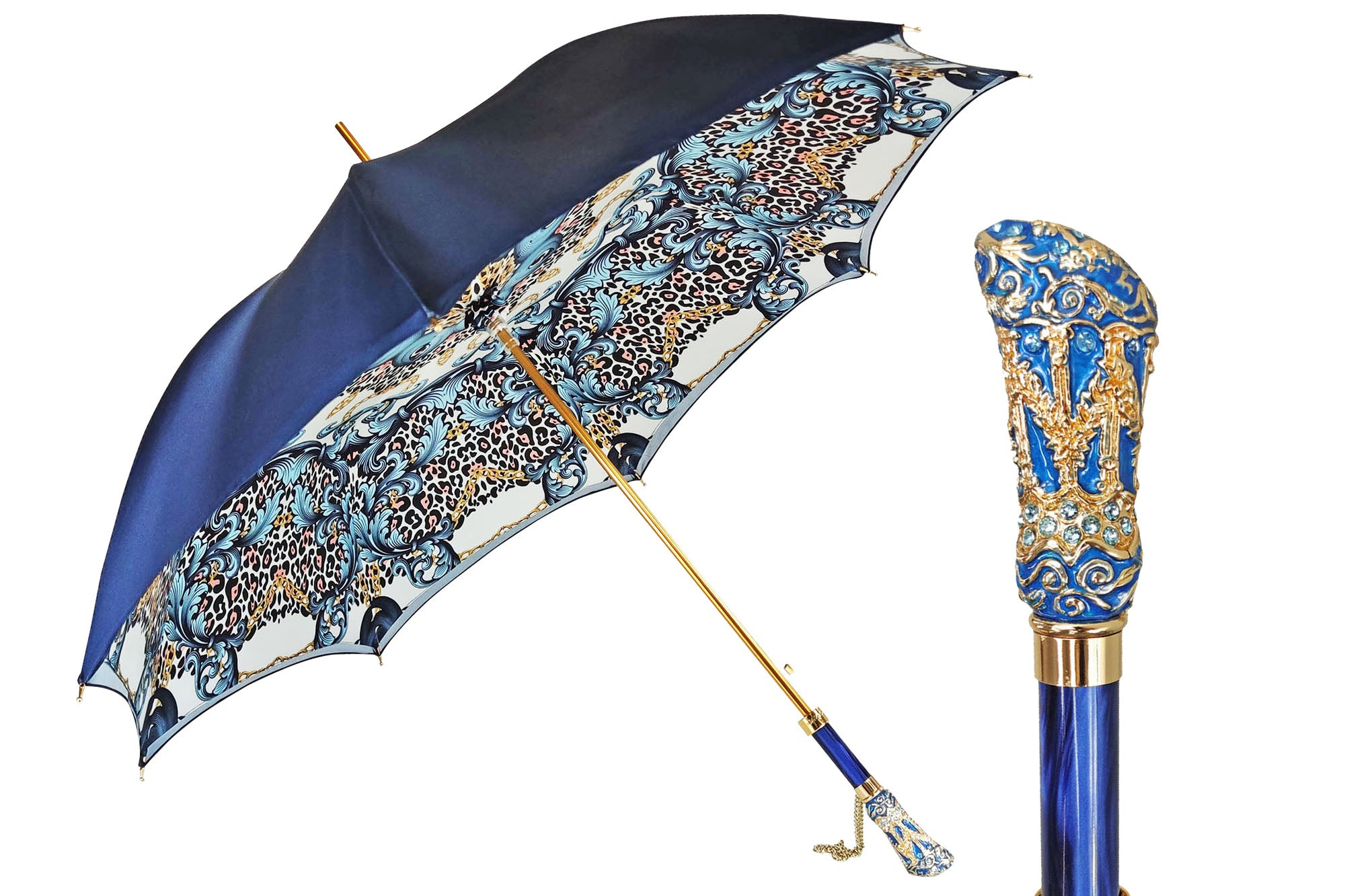 Luxury Blue Umbrella – Handmade Italian Satin Canopy with Turquoise Crystal Handle