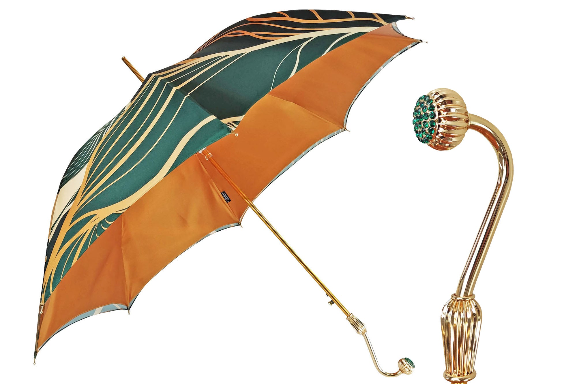 Gold Plated Umbrella – Handmade Italian Satin Canopy With Emerald Crystal Handle