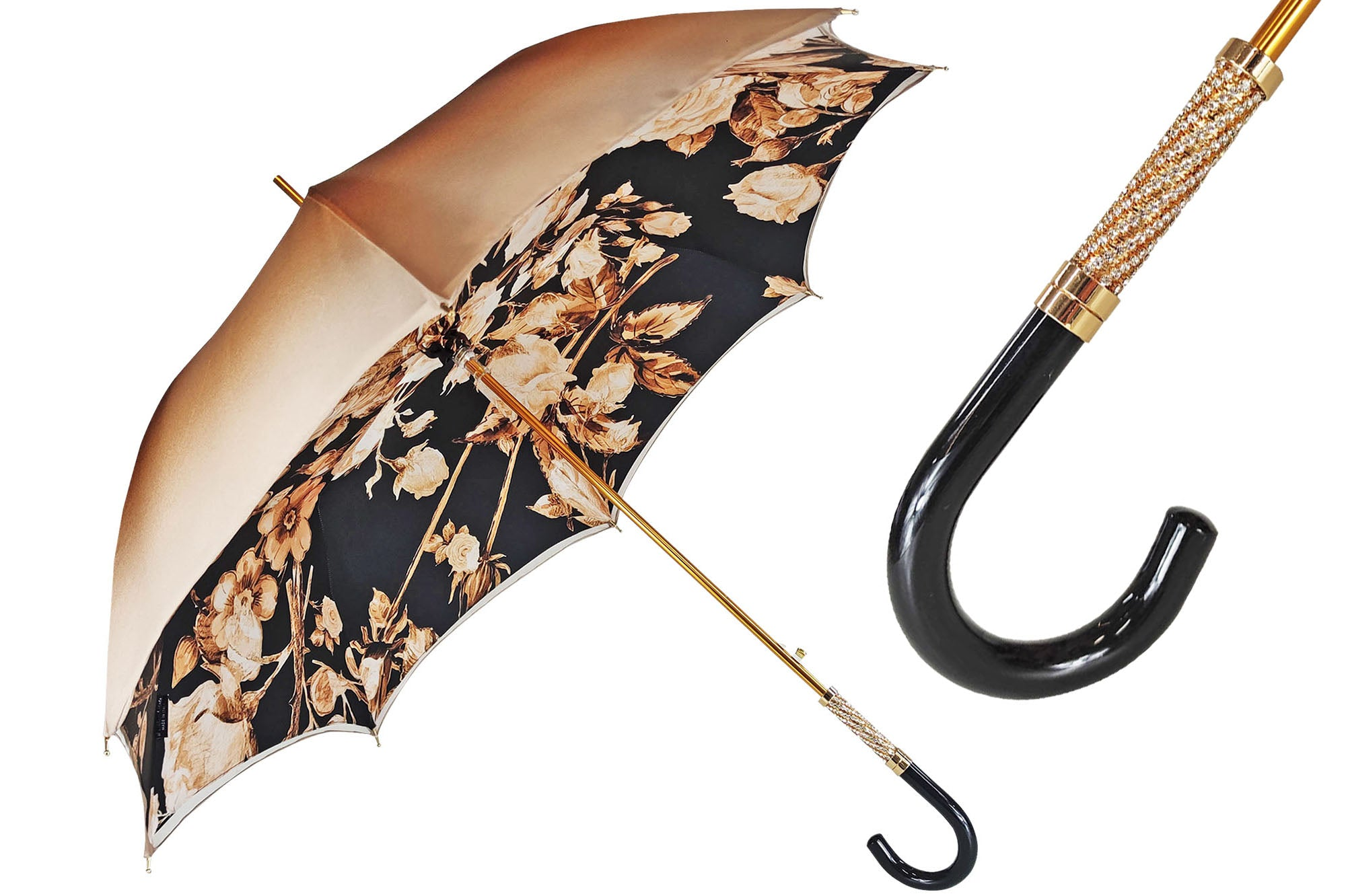 Elegant Ladies Umbrella – Black Floral Rain Umbrella with 24K Gold Handle