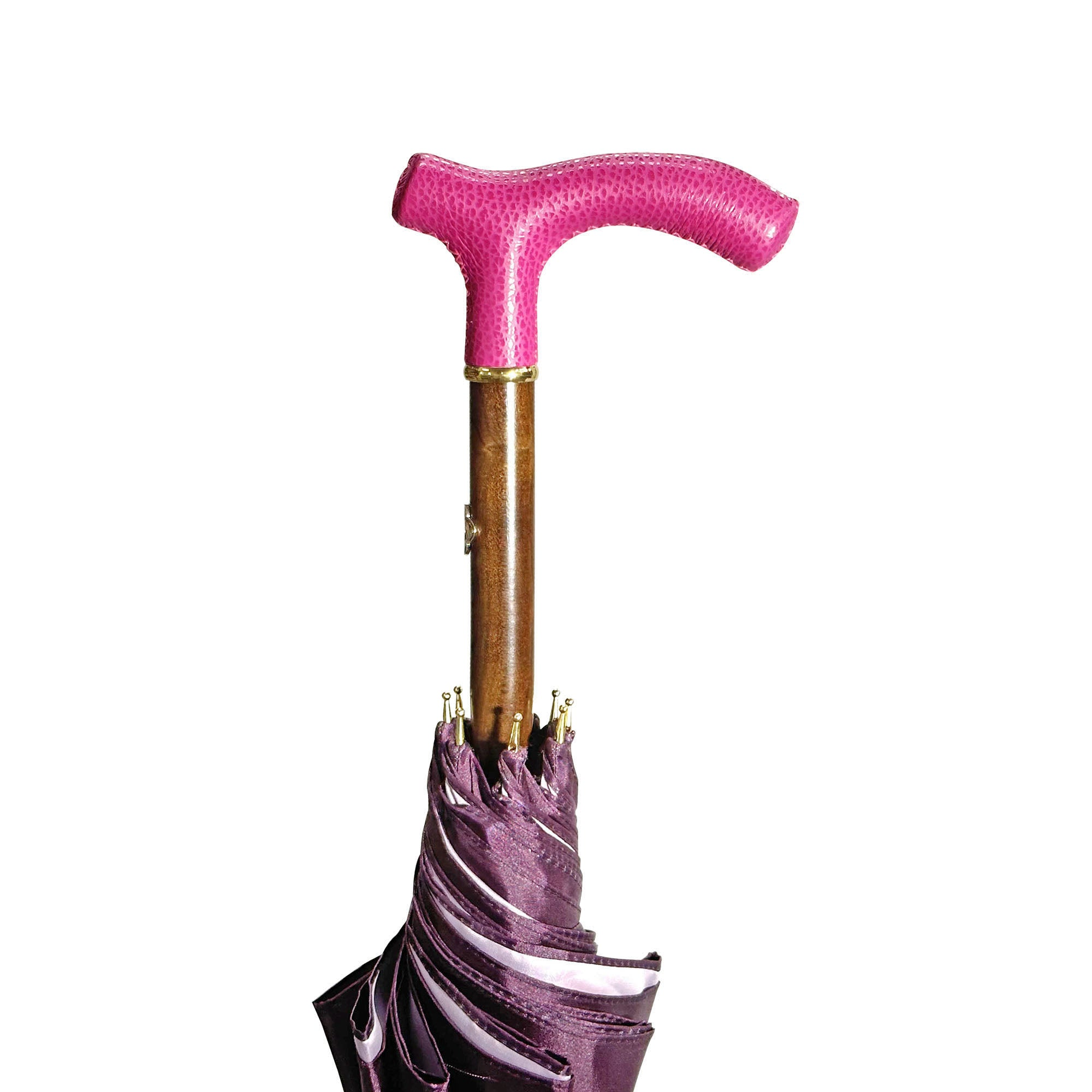 Handmade Ladies Umbrella – Luxury Rain Umbrella with Silk Texture Canopy & Pink Leather Handle