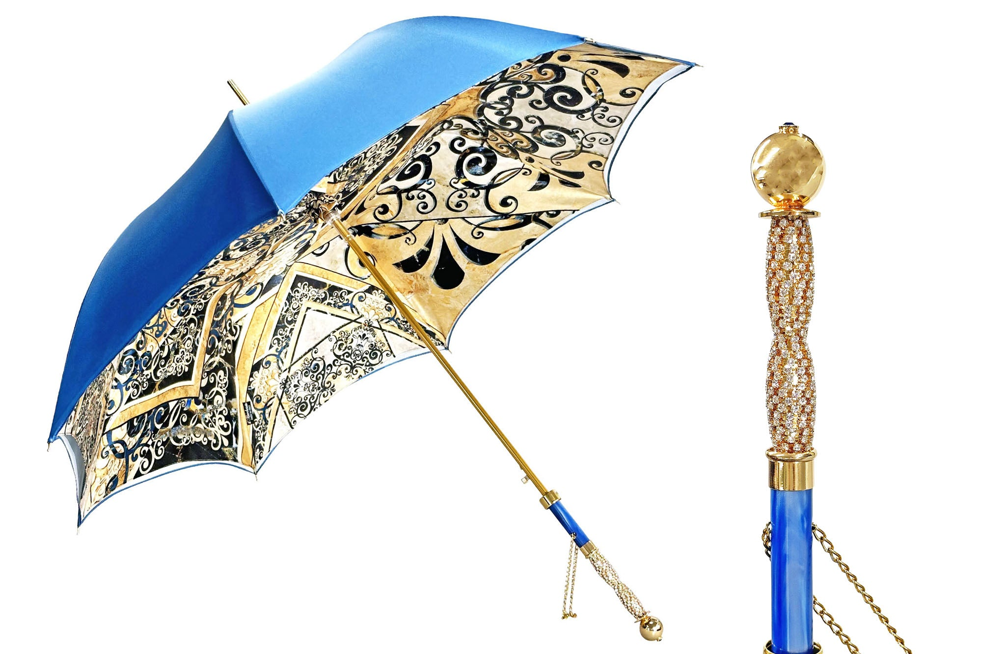 Handmade Umbrella – Elegant Majolica Pattern, 24K Gold Handle, Wind Resistant Frame