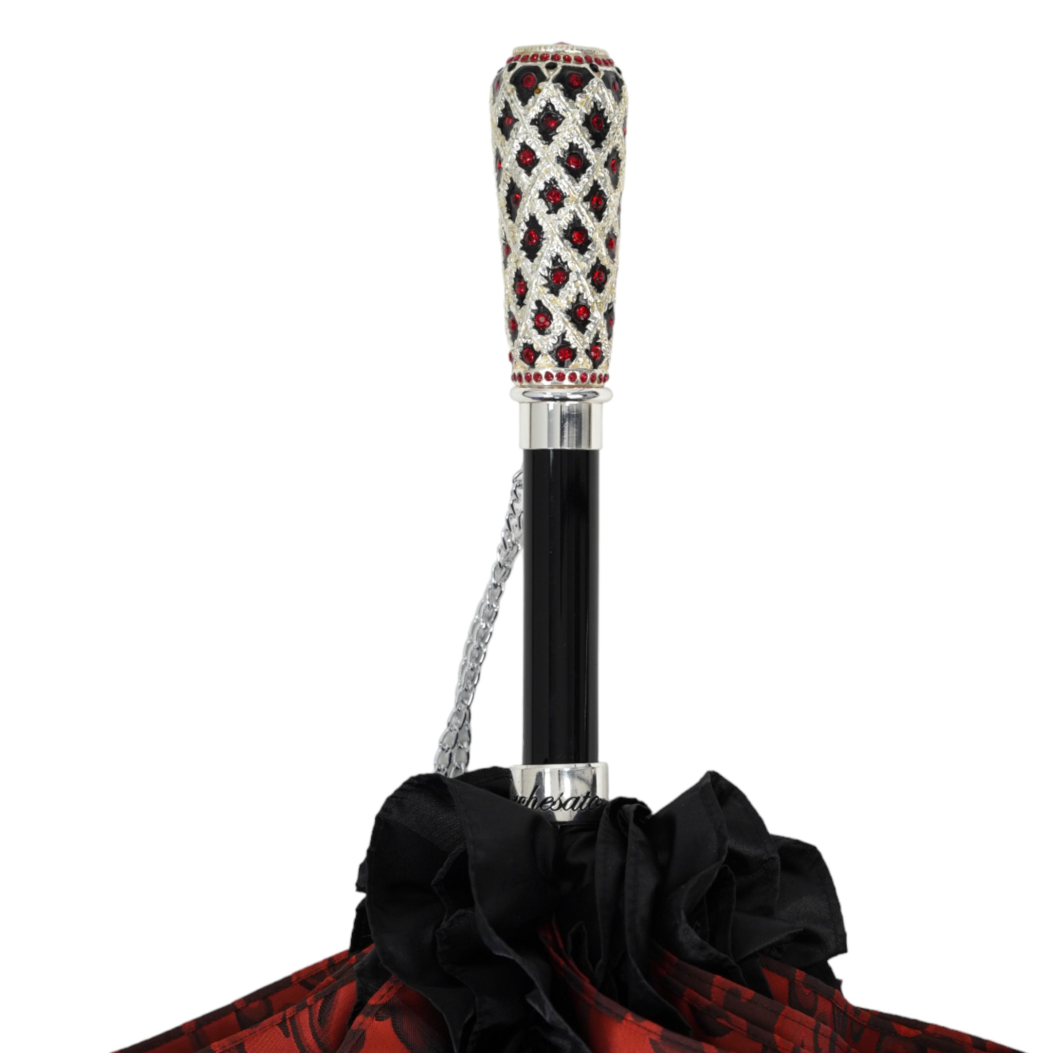 Designer Umbrella – Black Ruffle Edge, Silver-Plated Handle, Automatic Opening