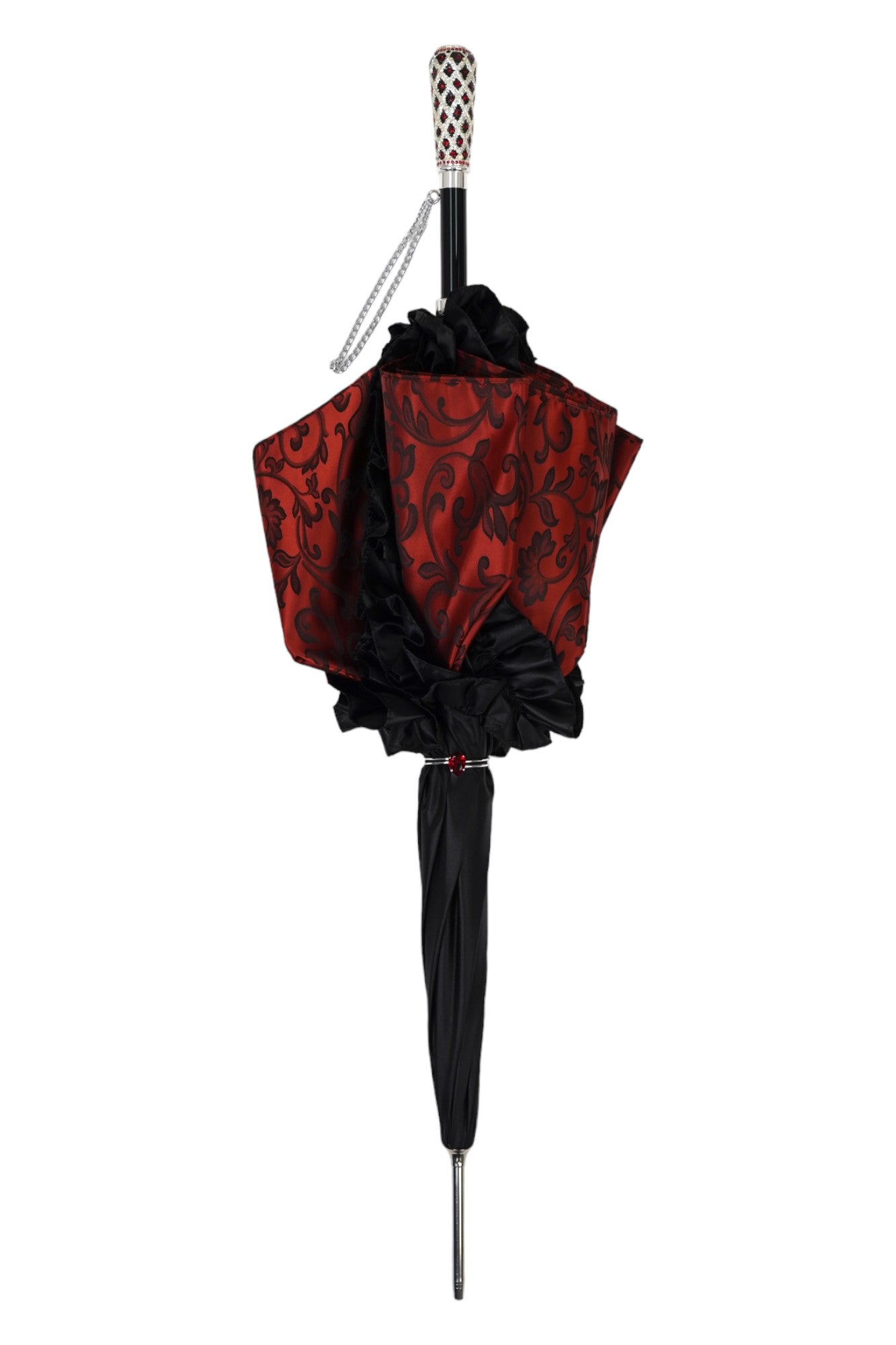 Designer Umbrella – Black Ruffle Edge, Silver-Plated Handle, Automatic Opening