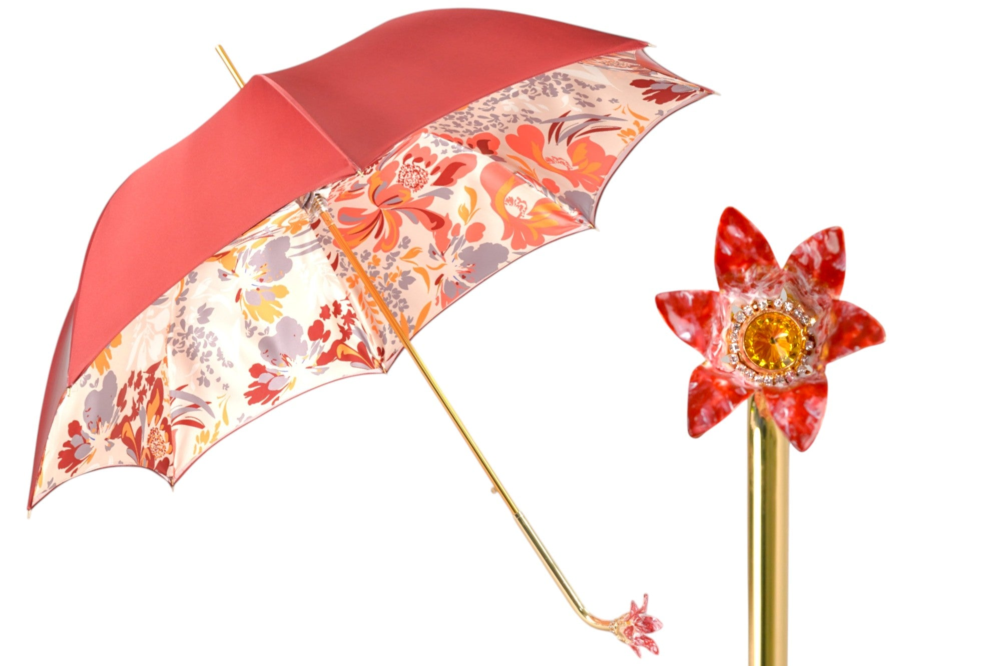 Luxury Floral Umbrella – Hand-Painted 24K Gold Handle | Italian Handmade, Satin Canopy