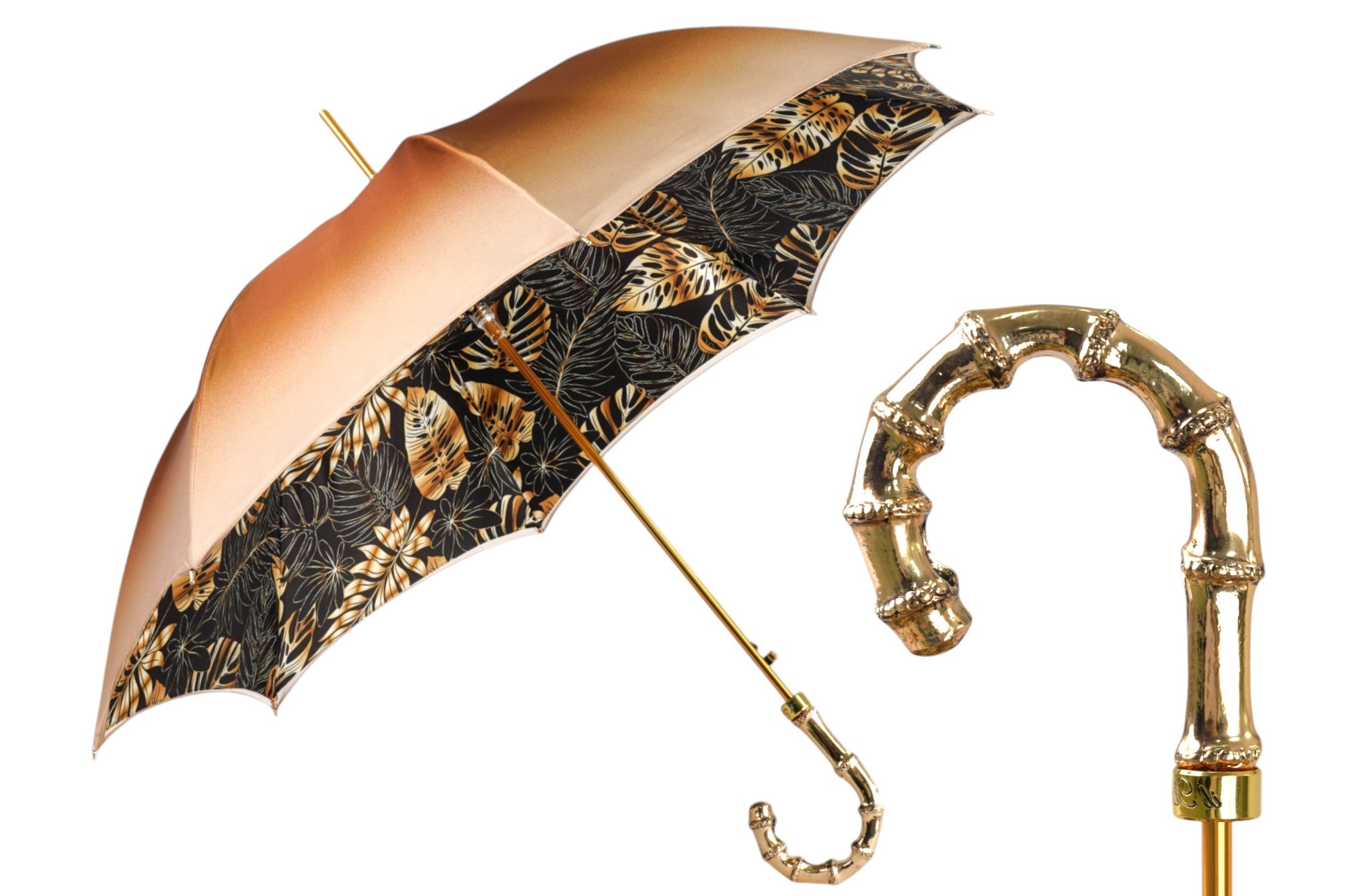 Golden Bamboo Umbrella – Handmade Italian Luxury Satin Rain Accessory with 24K Gold Handle