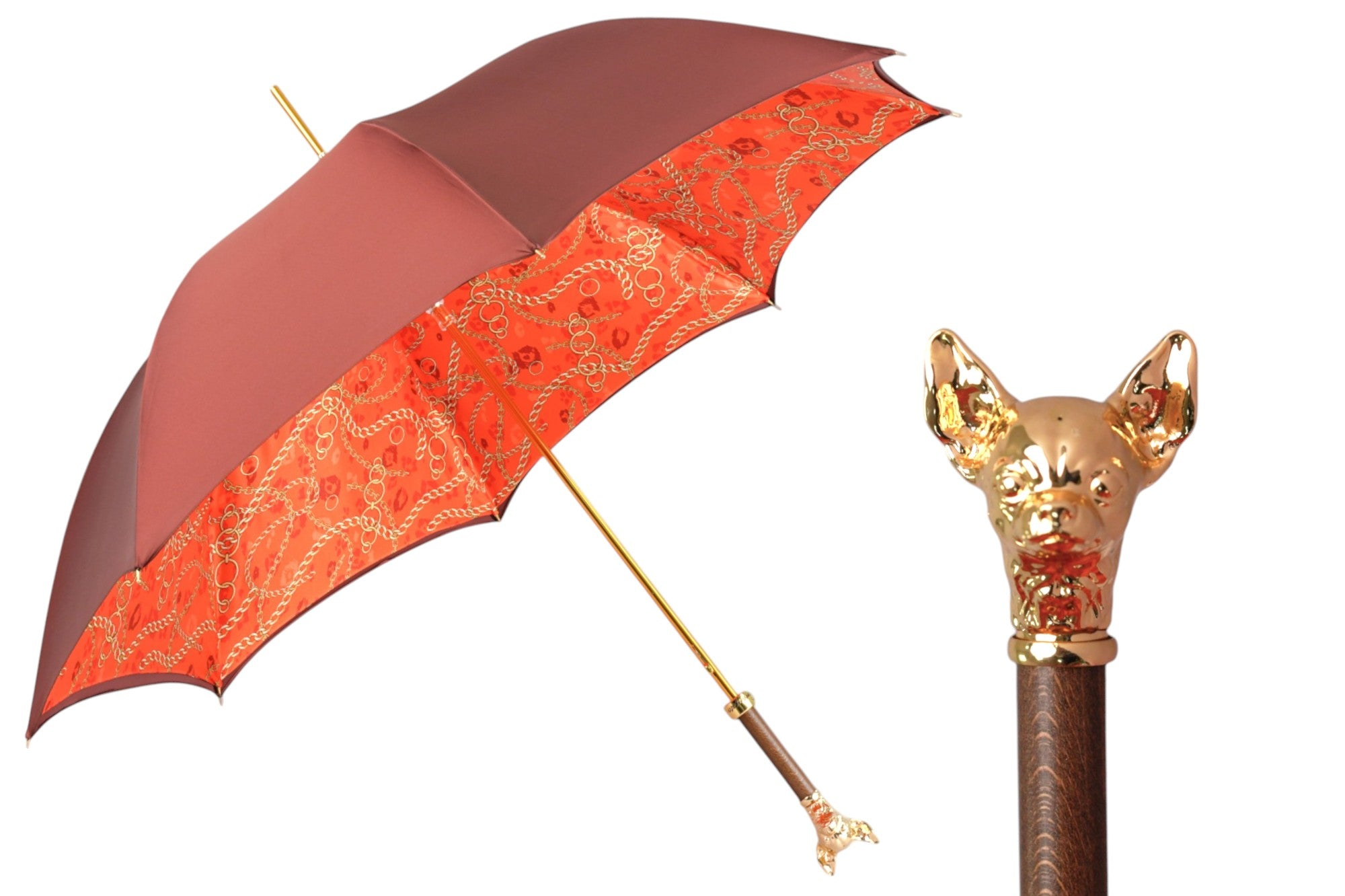 Red Luxury Umbrella – Gold Chihuahua Handle, Satin Finish, Automatic Opening