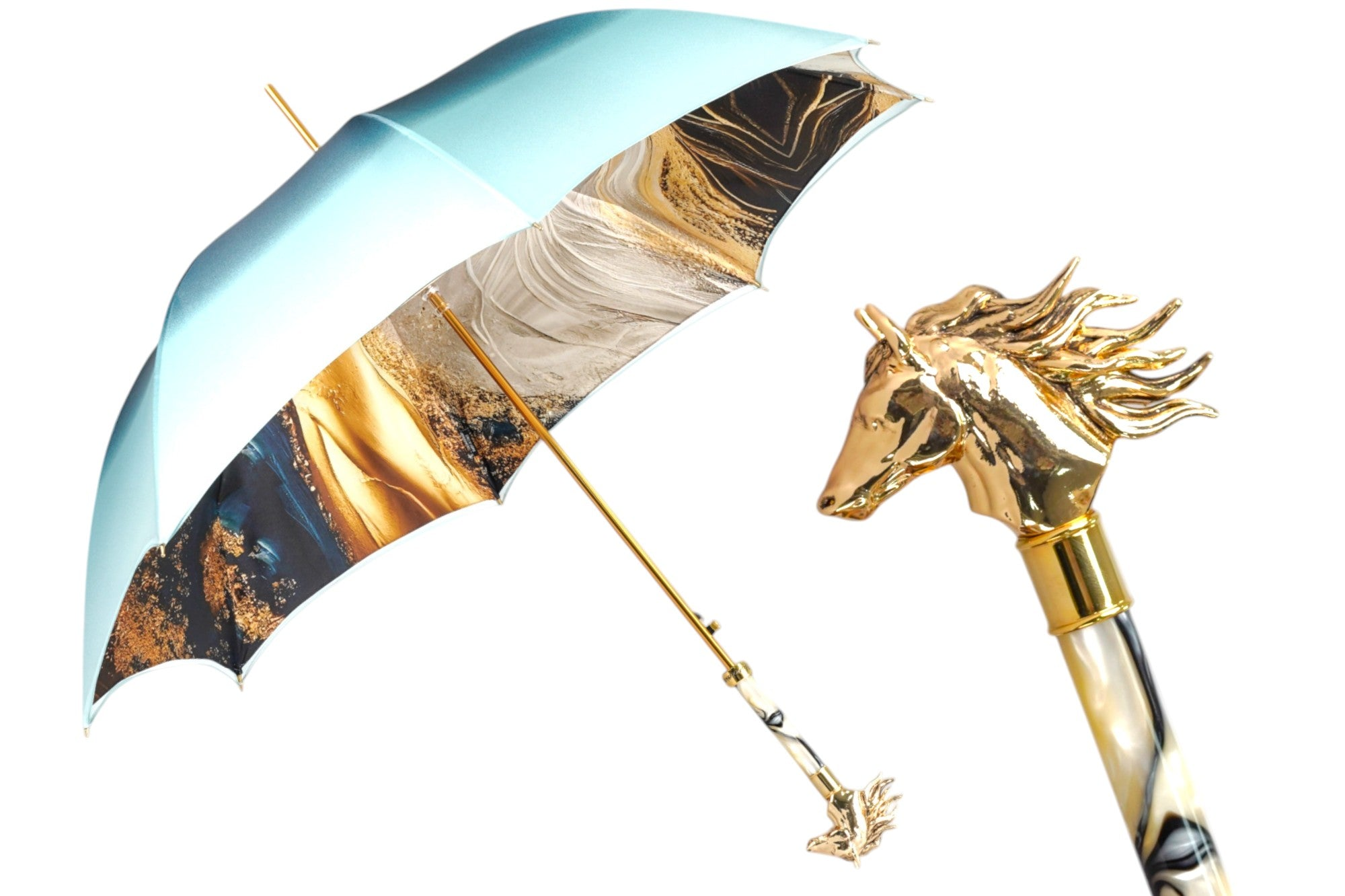 Light Blue Umbrella – Elegant Rain Protection with Gold Horse Handle & Silk Satin Canopy