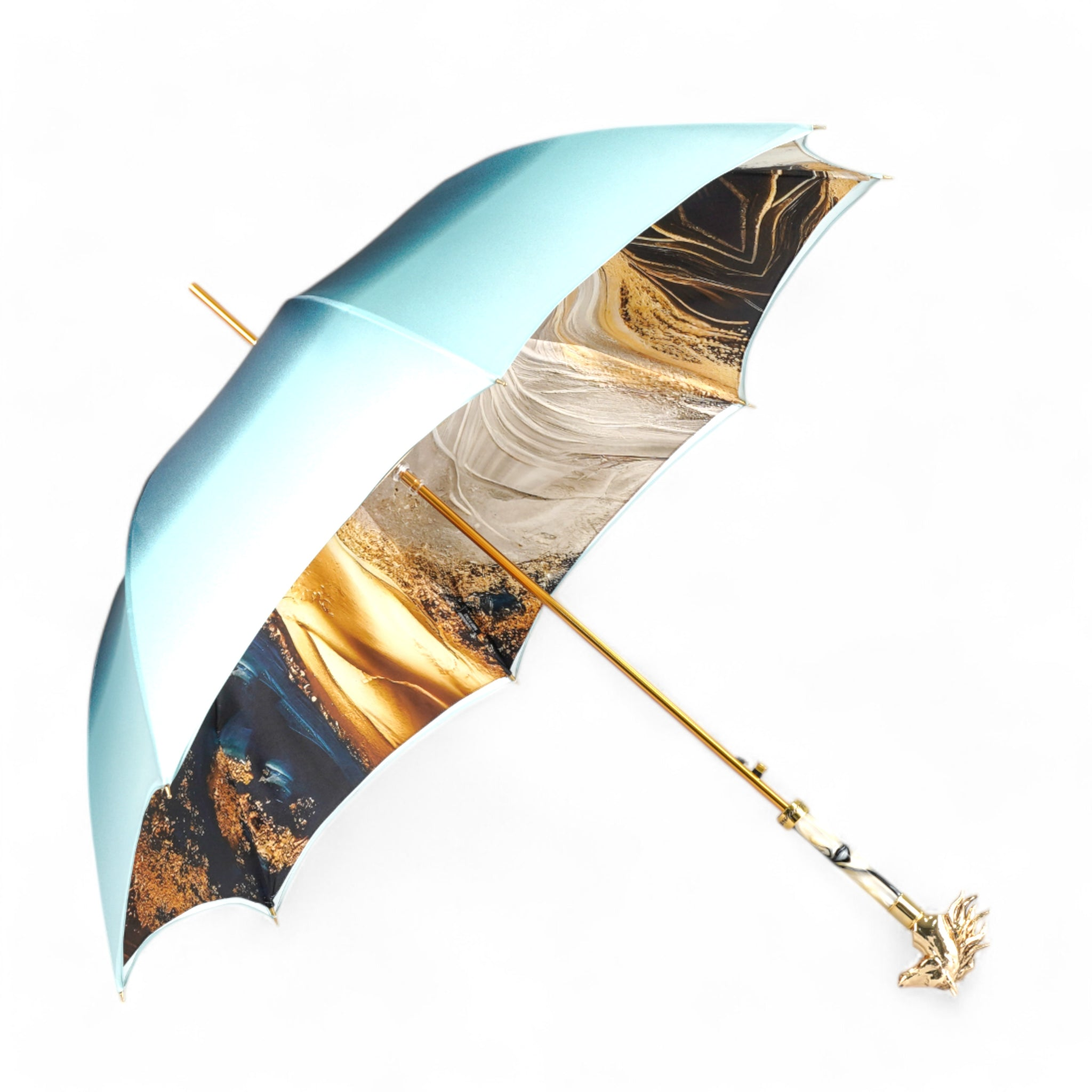 Light Blue Umbrella – Elegant Rain Protection with Gold Horse Handle & Silk Satin Canopy