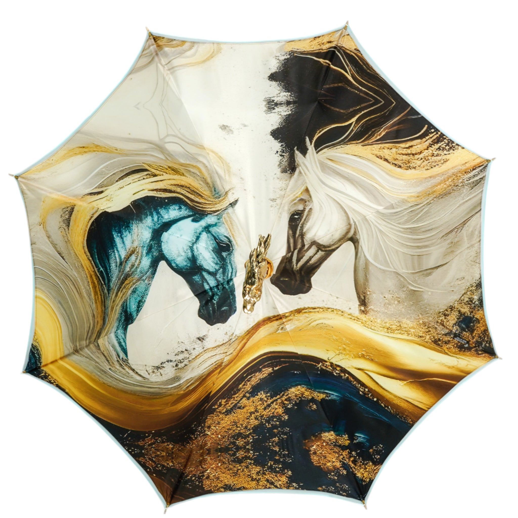 Light Blue Umbrella – Elegant Rain Protection with Gold Horse Handle & Silk Satin Canopy