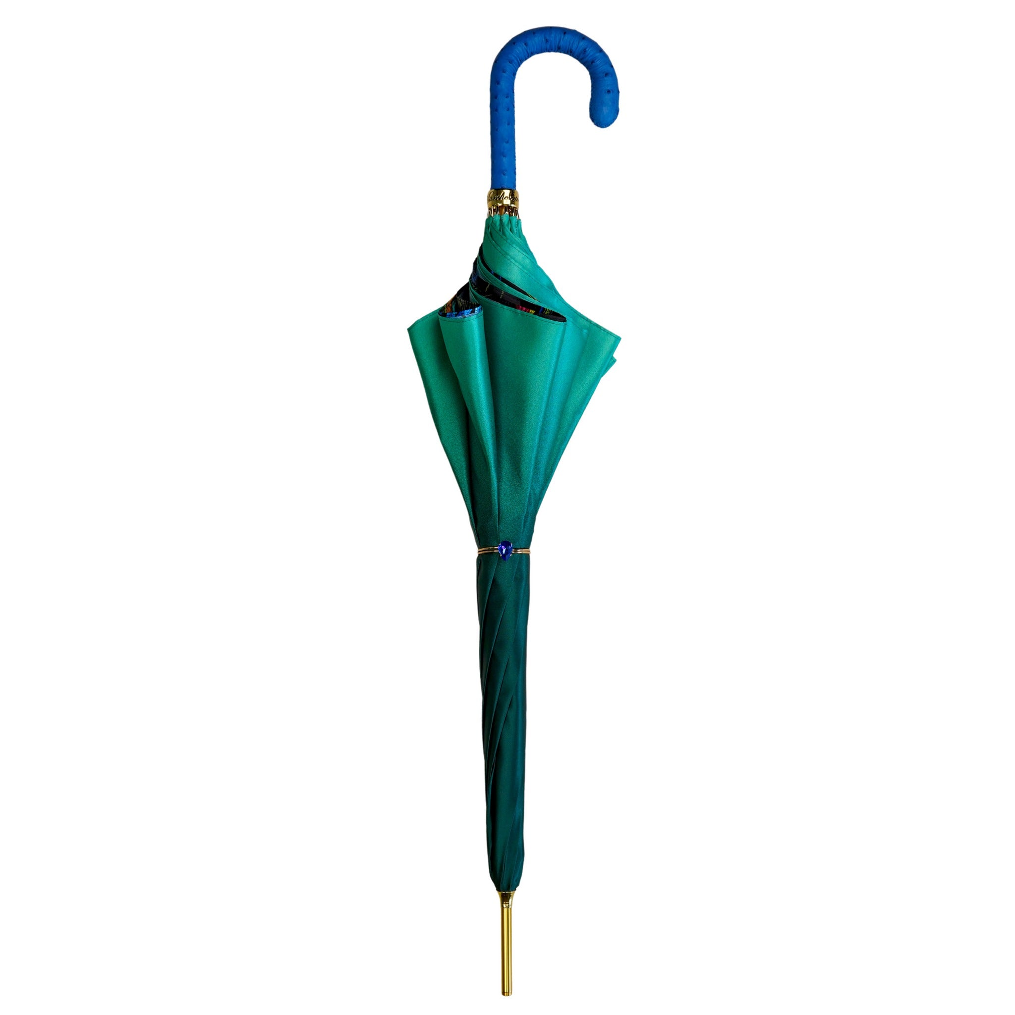 Peacock Inspired Umbrella – Luxury Rain Umbrella with Blue Ostrich Leather Handle