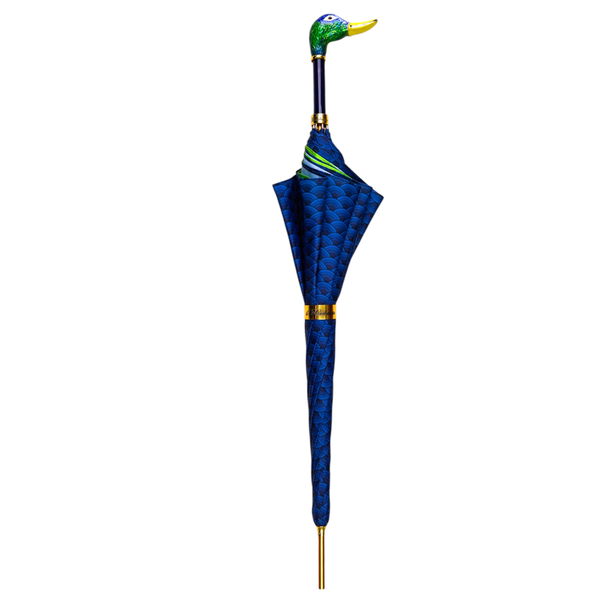 Hand-Enameled Duck Umbrella | Luxury Rain Umbrella With 24K Gold Handle & Satin Canopy