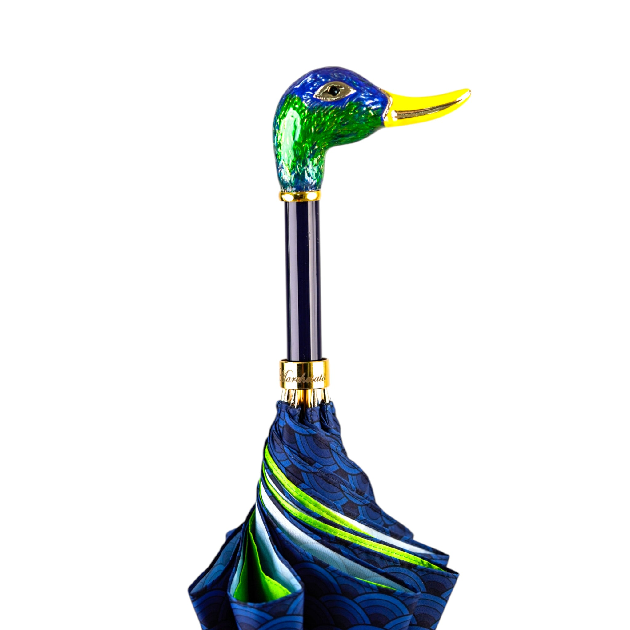 Hand-Enameled Duck Umbrella | Luxury Rain Umbrella With 24K Gold Handle & Satin Canopy