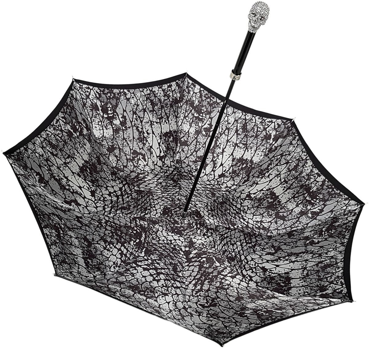 Lux Silver Ilmarchesato skull umbrella with double cloth canopy, showcasing elegant design and sturdy construction.
