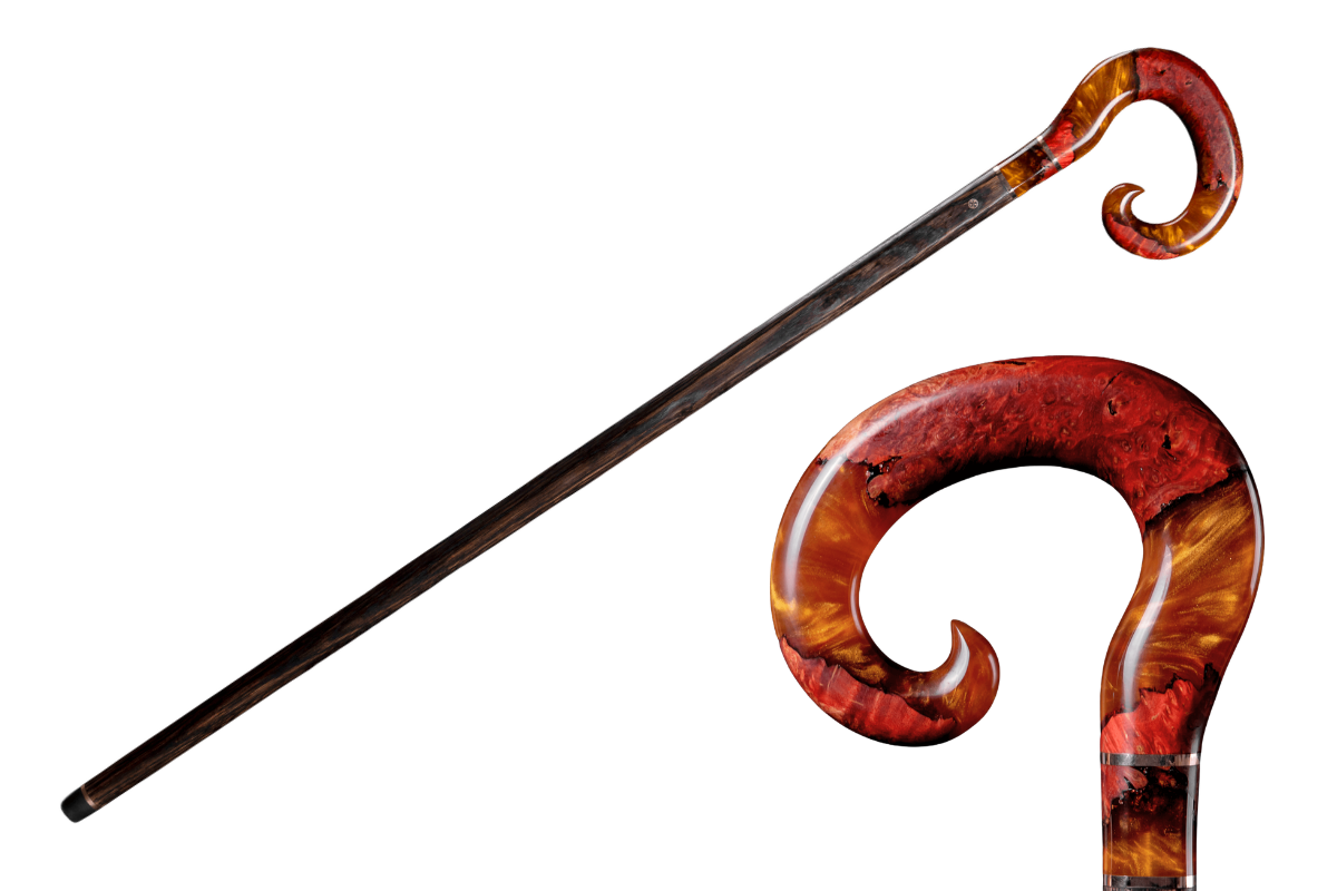 Red Mountain Handmade Walking Cane by ARTWalkingSticks with a custom unique design, featuring a polished wooden handle and decorative details.