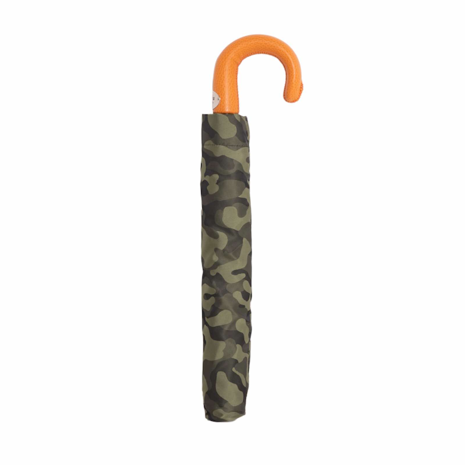 Folding Automatic Umbrella – Camouflage Design with Orange Leather Handle, Durable Polyester Canopy
