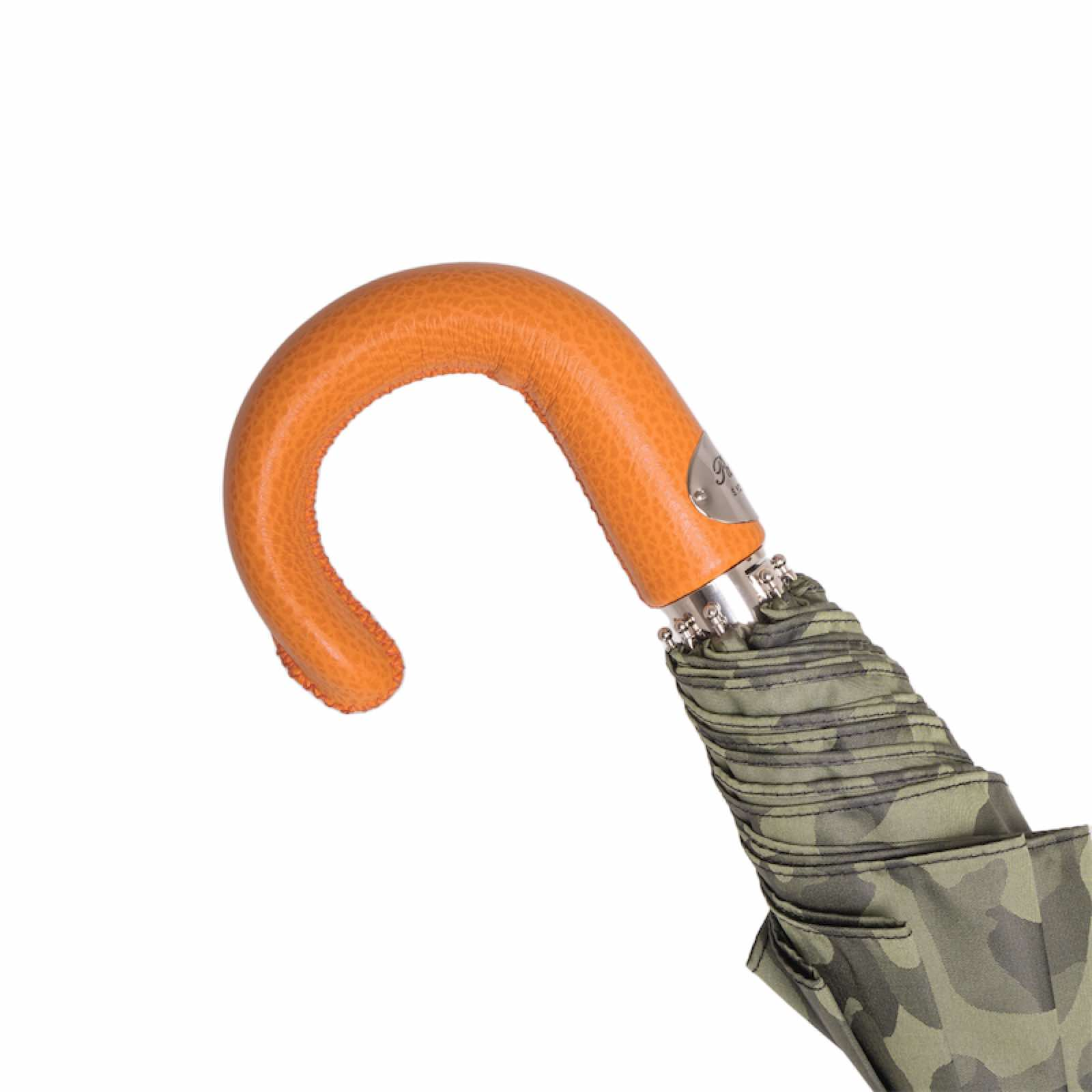 Folding Automatic Umbrella – Camouflage Design with Orange Leather Handle, Durable Polyester Canopy