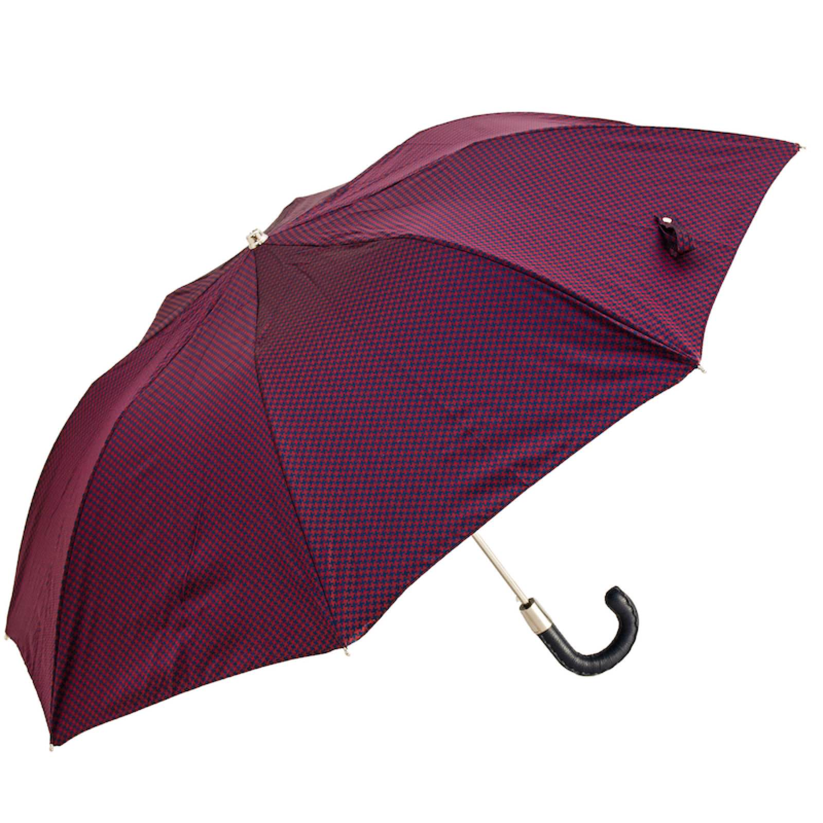 Pasotti folding automatic umbrella with Italian handmade leather handle, compact rain gear, featuring a sturdy canopy and elegant design.
