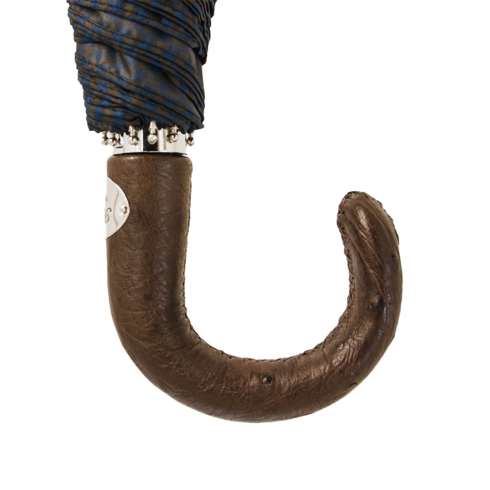 Folding Automatic Umbrella – Brown Navy with Ostrich Leather Handle, Italian Handmade