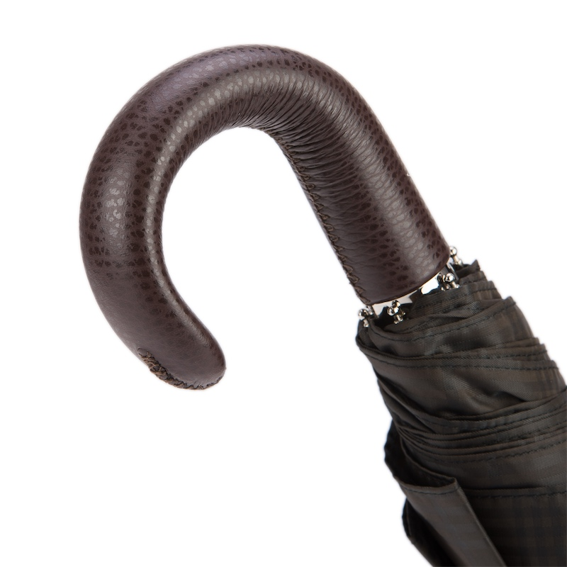 Brown Check Umbrella – Automatic Leather Handle Folding Rain Umbrella