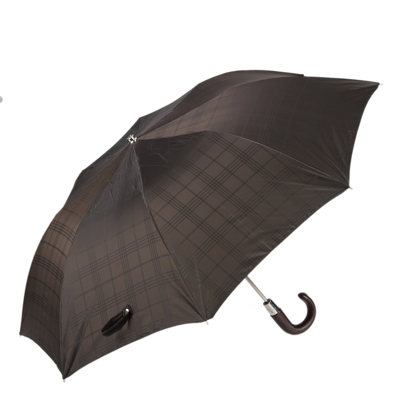 Brown Check Umbrella – Automatic Leather Handle Folding Rain Umbrella