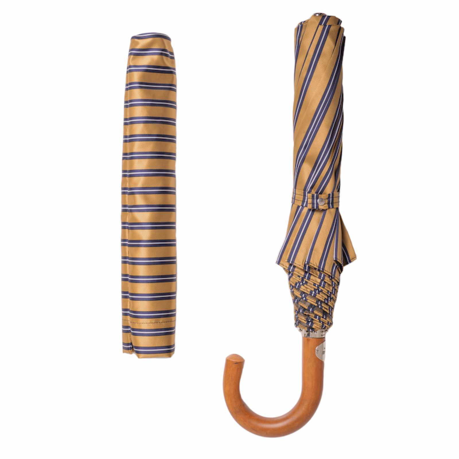 Folding Automatic Umbrella – Striped Ocher Compact Rain Umbrella with Malacca Wood Handle