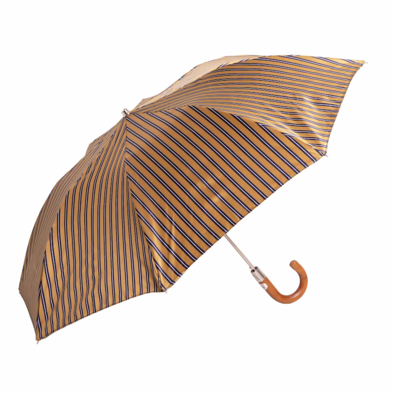 Folding Automatic Umbrella – Striped Ocher Compact Rain Umbrella with Malacca Wood Handle