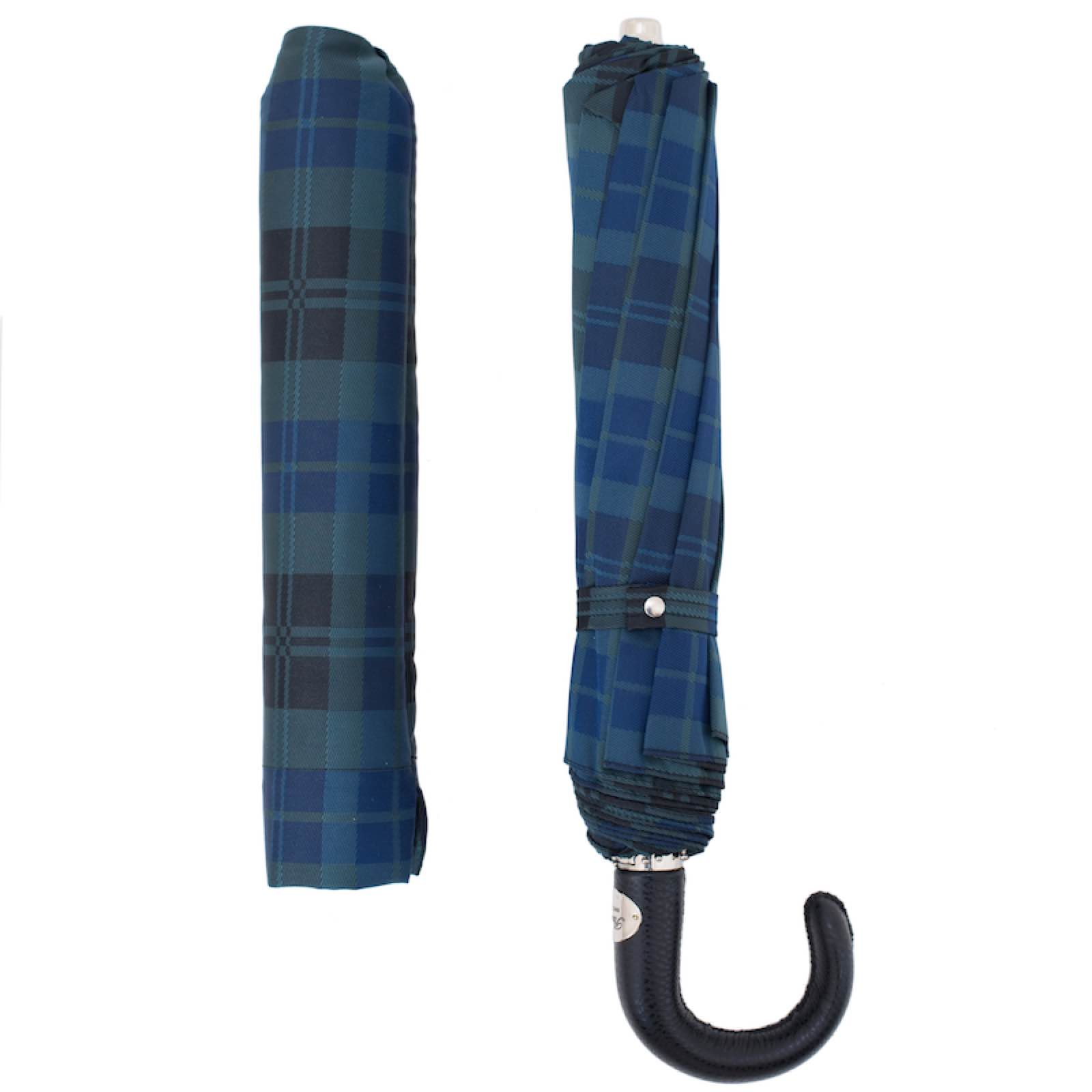 Tartan Folding Umbrella – Automatic Opening | Leather Handle | Durable Polyester Canopy
