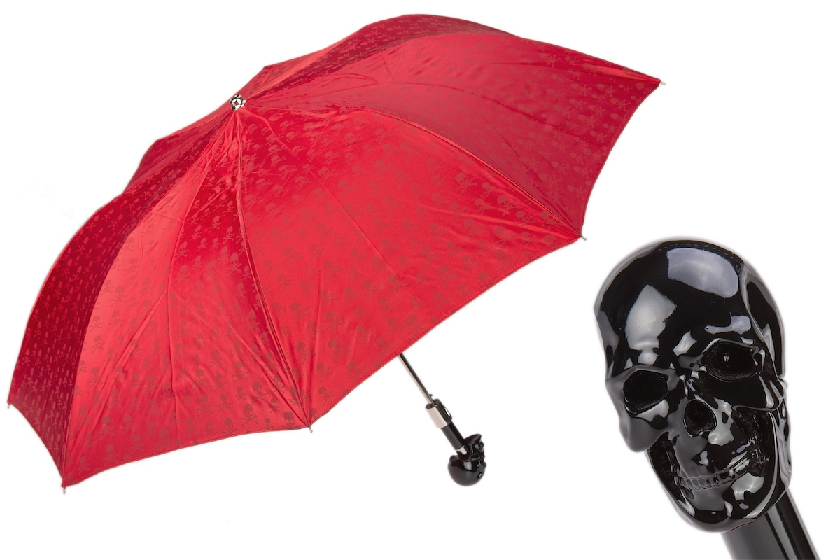 Red Folding Umbrella – Automatic Opening, Carbon Skull Handle, Waterproof Rain Shield